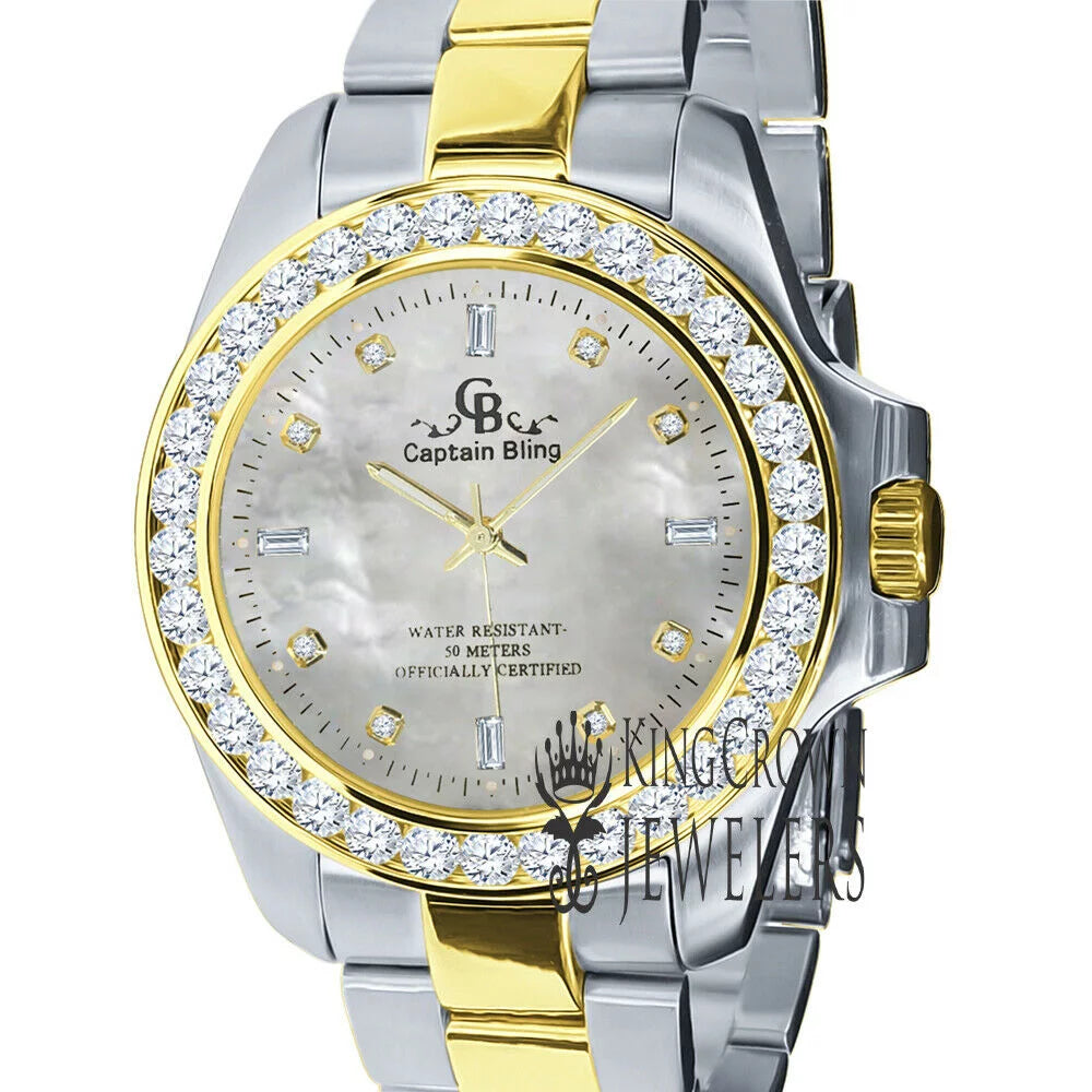 Mother Of Pearl Dial 2 Tone Solid Stainless Steel Simulated Diamonds 18K Gold Finish Mens Watch