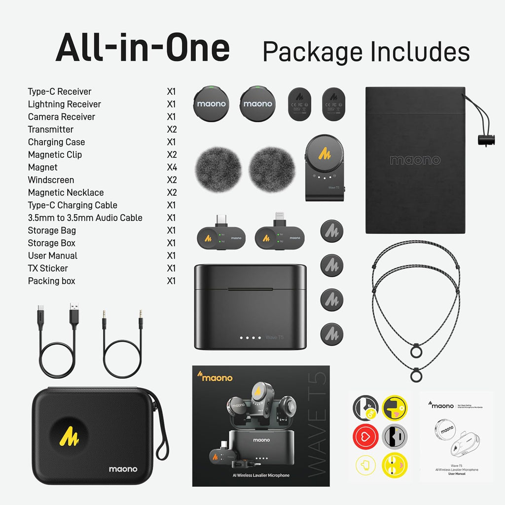 MAONO Wave T5 Wireless Lavalier Microphone for iPhone/Android/Camera/PC