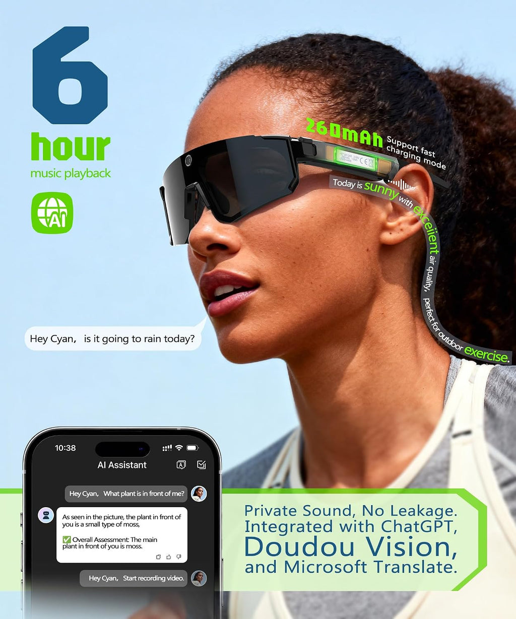 AI Ultra Pro Smart Glasses: 4K Wearable Camera with 6-Axis EIS Stabilization, ChatGPT-4o Voice Assistant, IP66 Waterproof Sport Sunglasses, Dual-Mic ENC Noise Cancelling Obsidian Gray