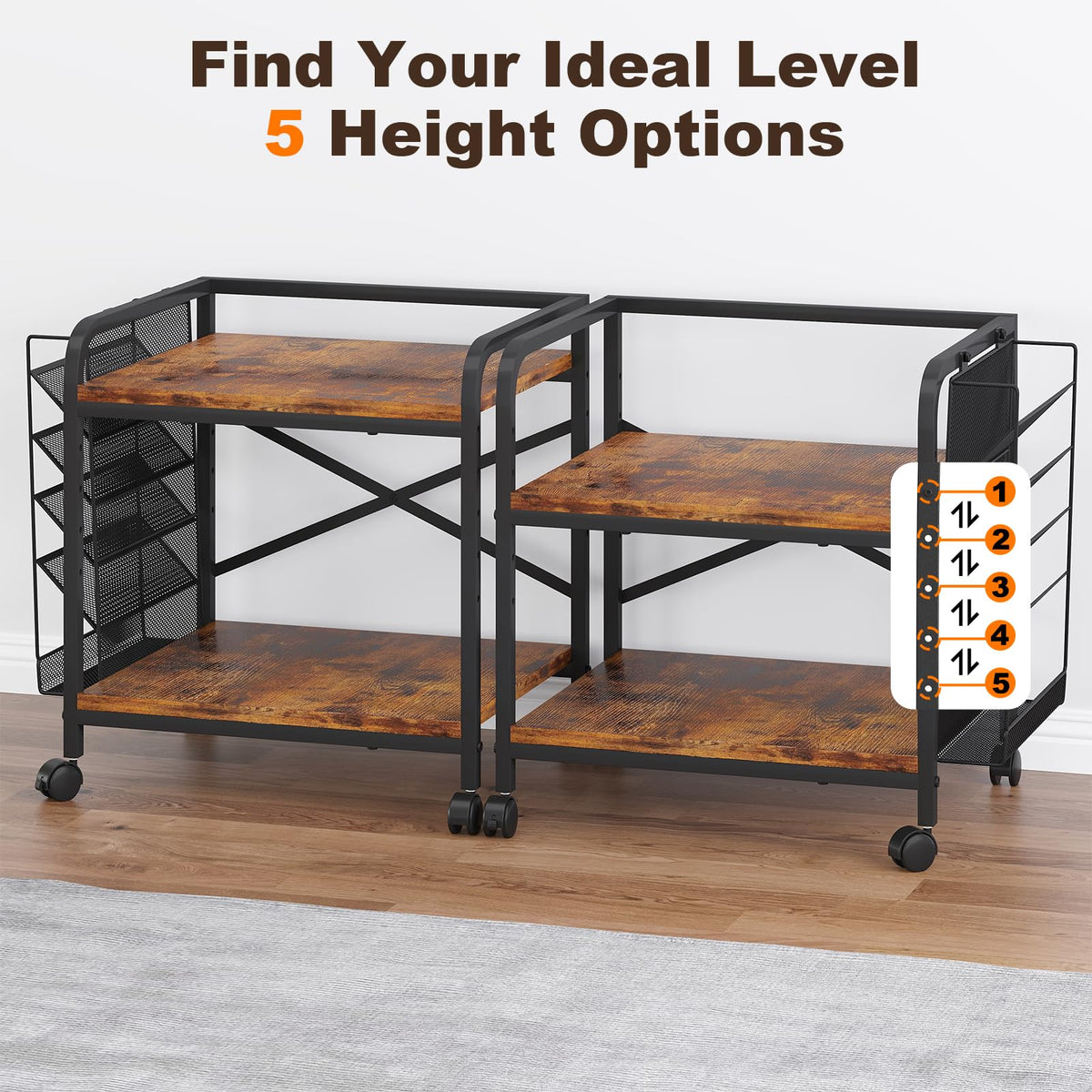 EasyCom 24"x20" Printer Stand with Storage, File Holder & Wheels, Brown