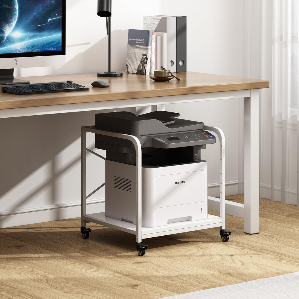Fannova 2 Tier Under Desk Printer Stand with Storage, 20 Inches Deep Large Printer Table with Height Adjustable Shelf, Rolling Printer Cart with Wheels for Home Office - Black