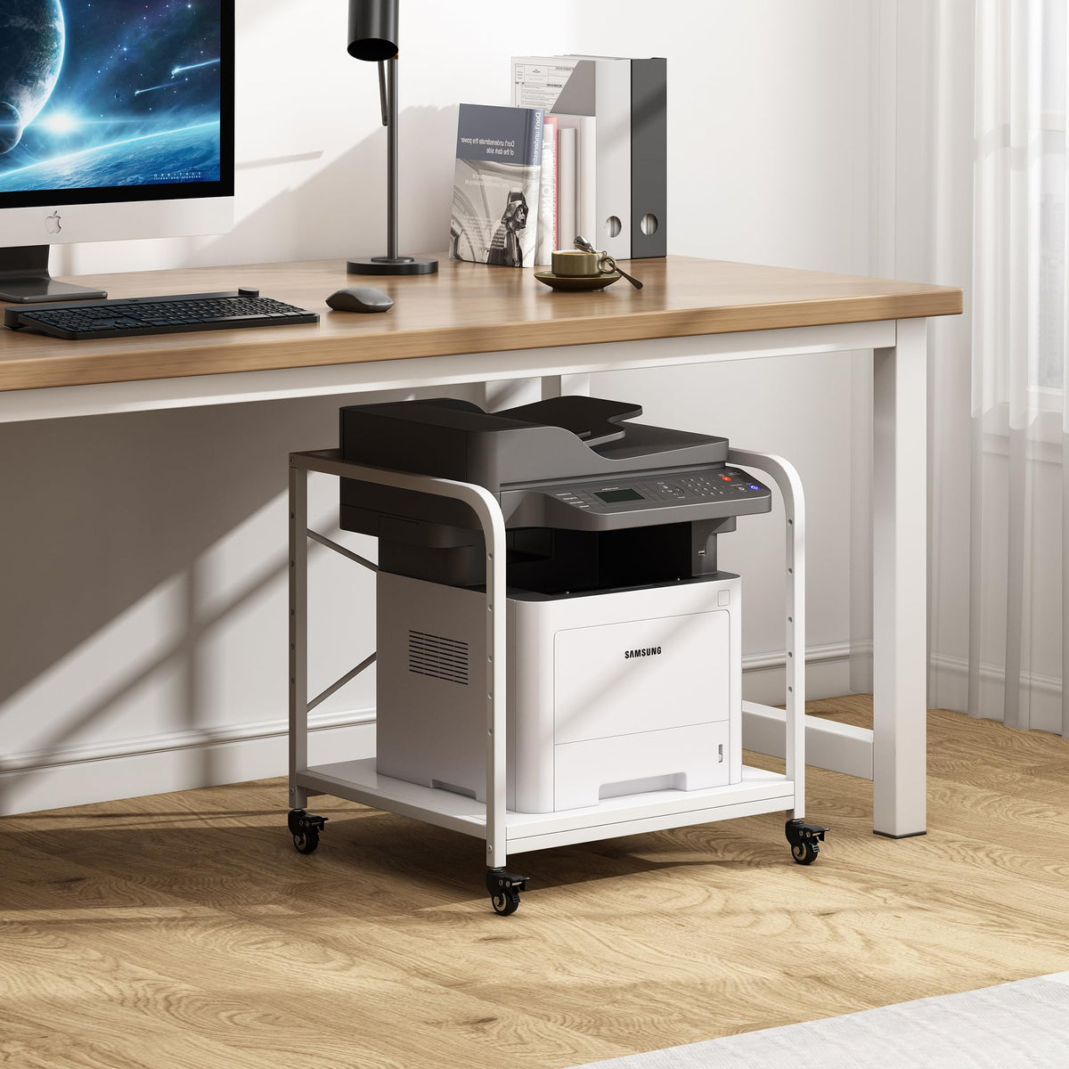 Fannova 2 Tier Under Desk Printer Stand with Storage, 20 Inches Deep Large Printer Table with Height Adjustable Shelf, Rolling Printer Cart with Wheels for Home Office - Black