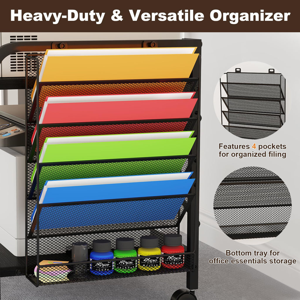 EasyCom 24"x20" Printer Stand with Storage, File Holder & Wheels, Brown