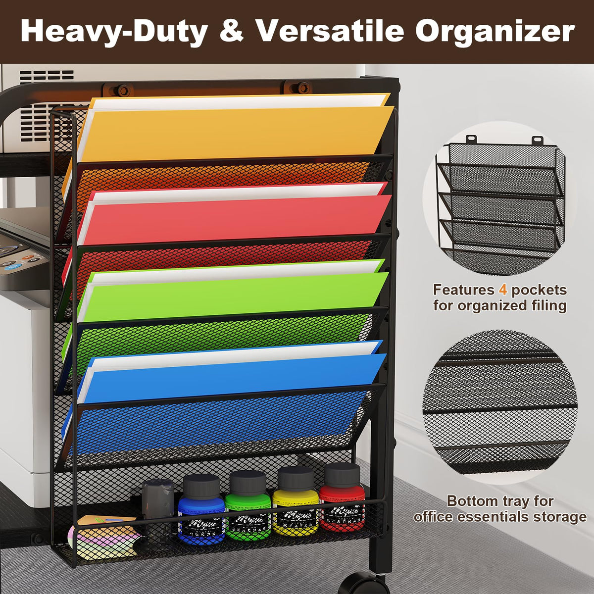 EasyCom 24"x20" Printer Stand with Storage, File Holder & Wheels, Brown