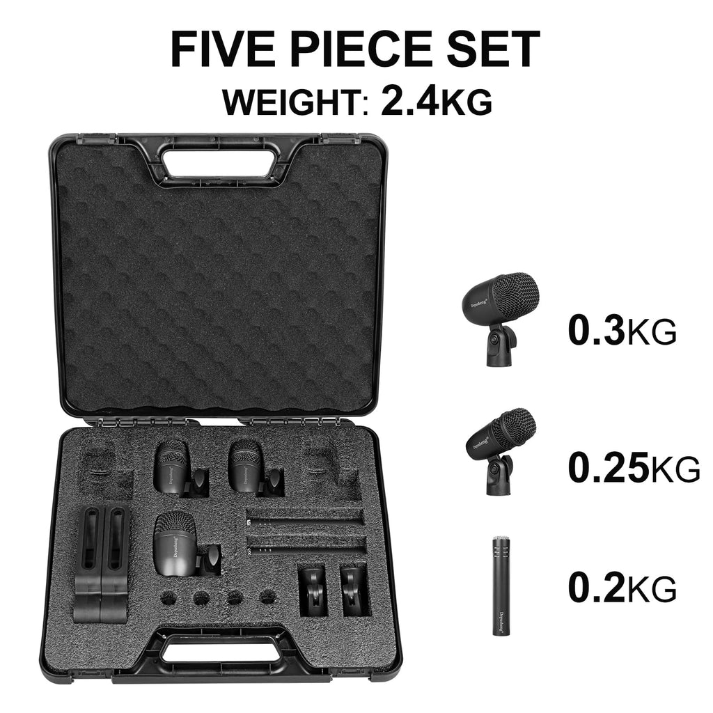 Depusheng 7-Piece Drum Microphone Set with 5 Dynamic Percussion Microphones and 2 Condenser Percussion Microphones Ideal for Instrument Recording and Music Production