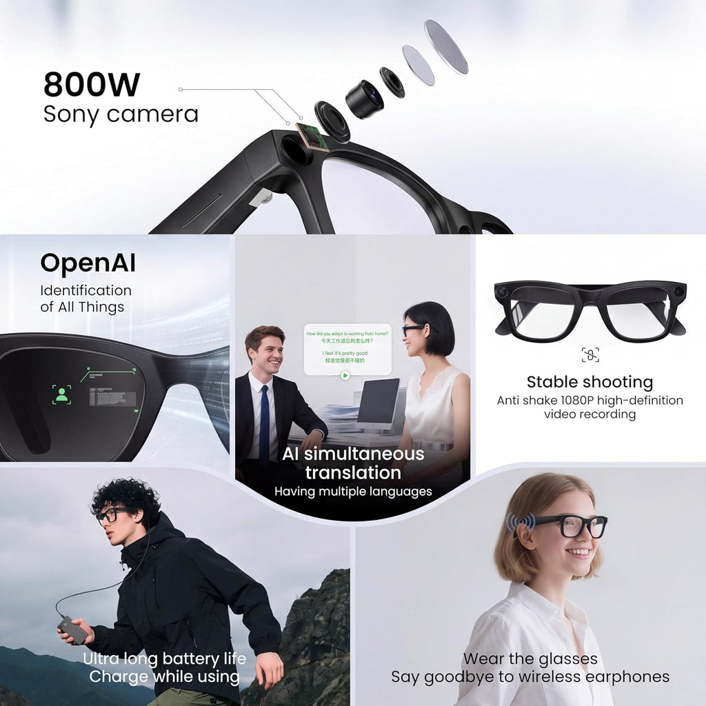 AI Smart Glasses with Camera, 8MP Video Recording Sunglasses AI Translation
