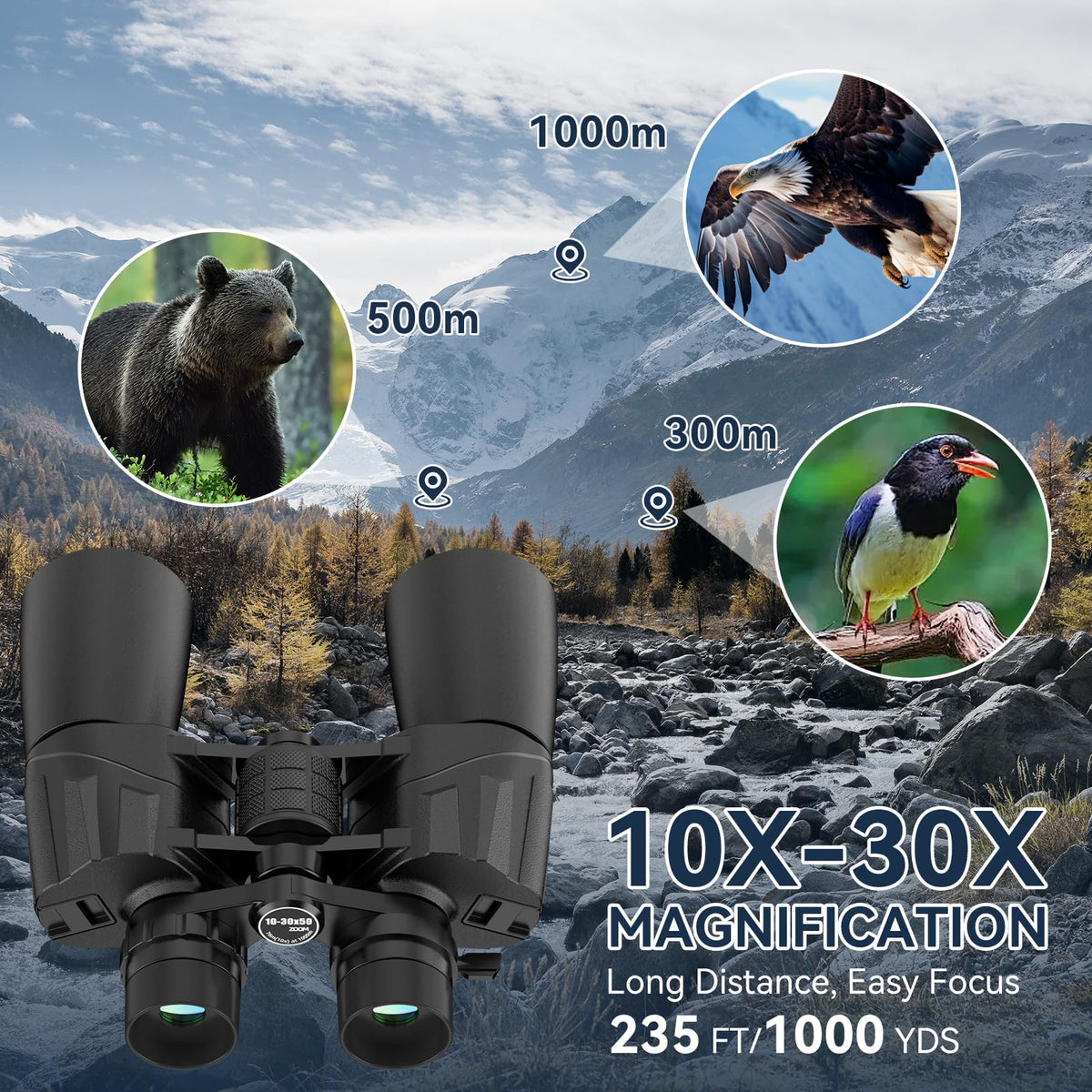 MLight 10-30X50 Zoom Binoculars for Adults, High Powered Military Binoculars for Bird Watching, Hunting, Outdoor, Hiking, Concerts Large View, Waterproof, BK7 Prism, FMC Lens, Low Light Night Vision