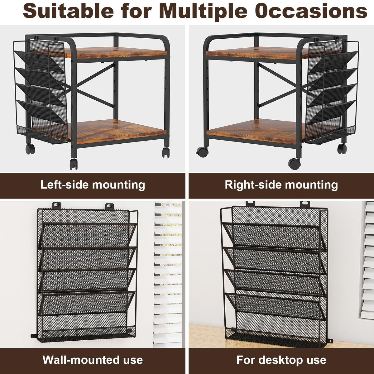 EasyCom 24"x20" Printer Stand with Storage, File Holder & Wheels, Brown