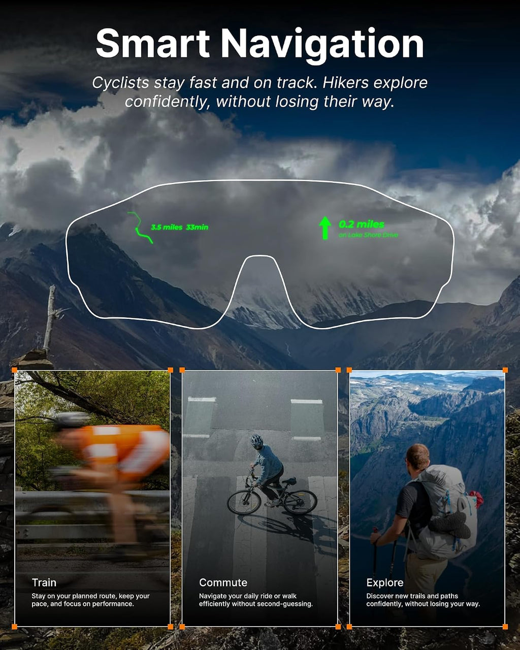 HUD Display Sports Glasses, for Cycling and Hiking, Real-Time Display, Smart Navigation, Proactive AI Alerts