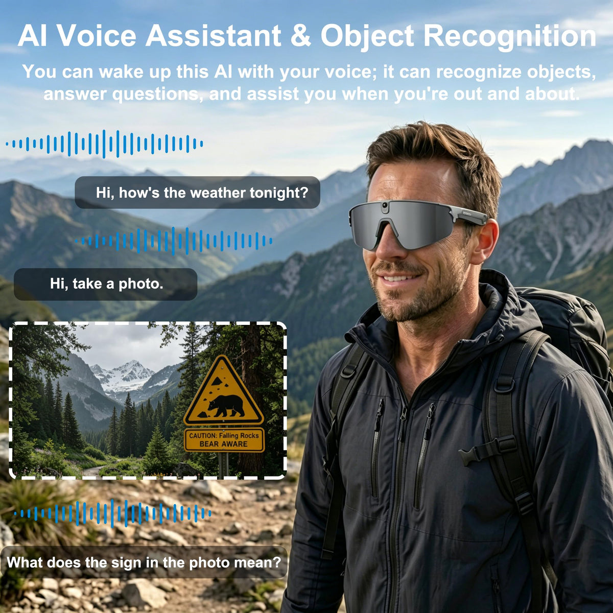 AI Smart Glasses with Camera,4K Video Recording Glasses, AI Voice Assistant,Real-Time Translation,Object Recognition,Bluetooth Sports Sunglasses,IP66 Waterproof for Cycling,Running & Hiking (Blue)