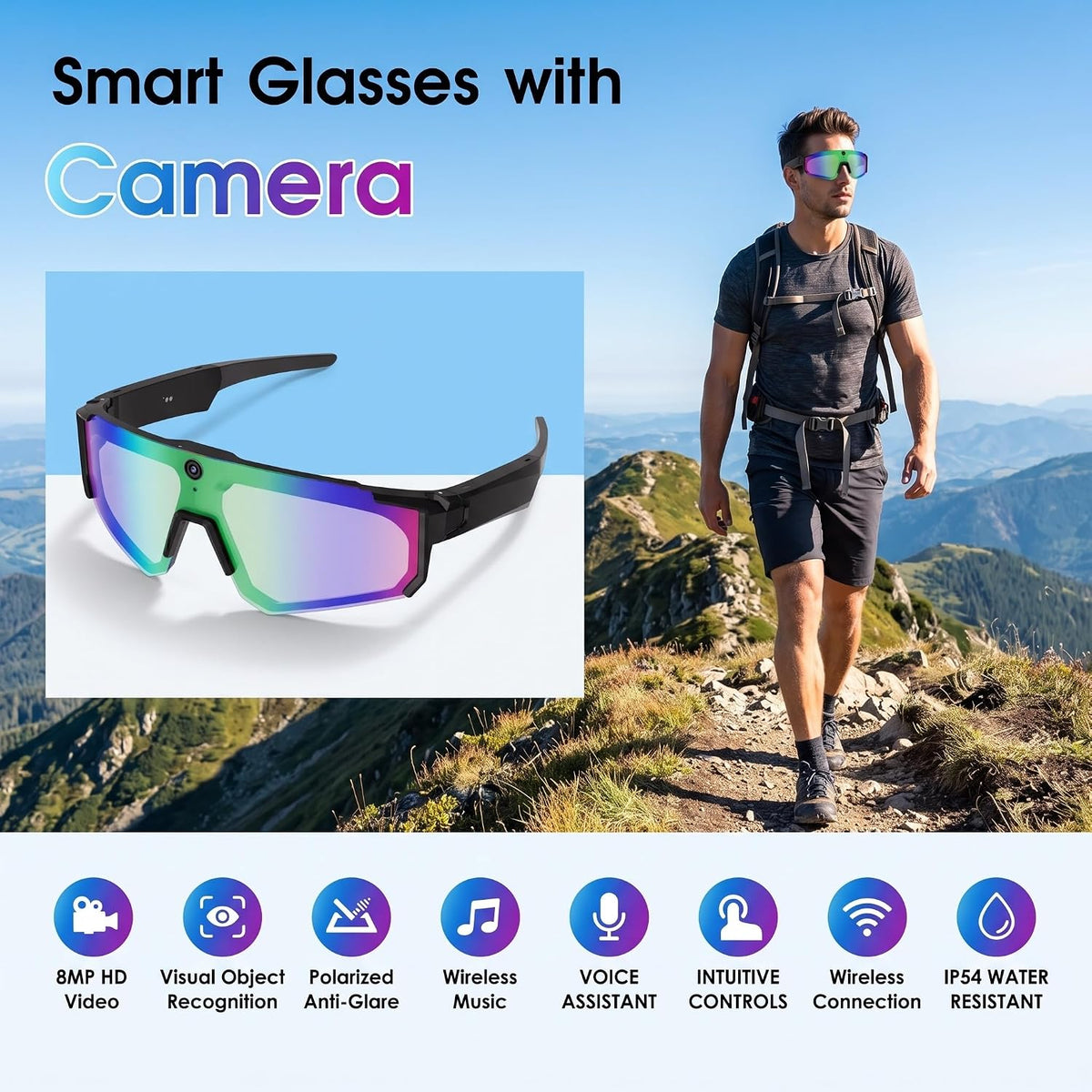 AI Smart Glasses with Camera, Bluetooth Sunglasses for Sports-Blue