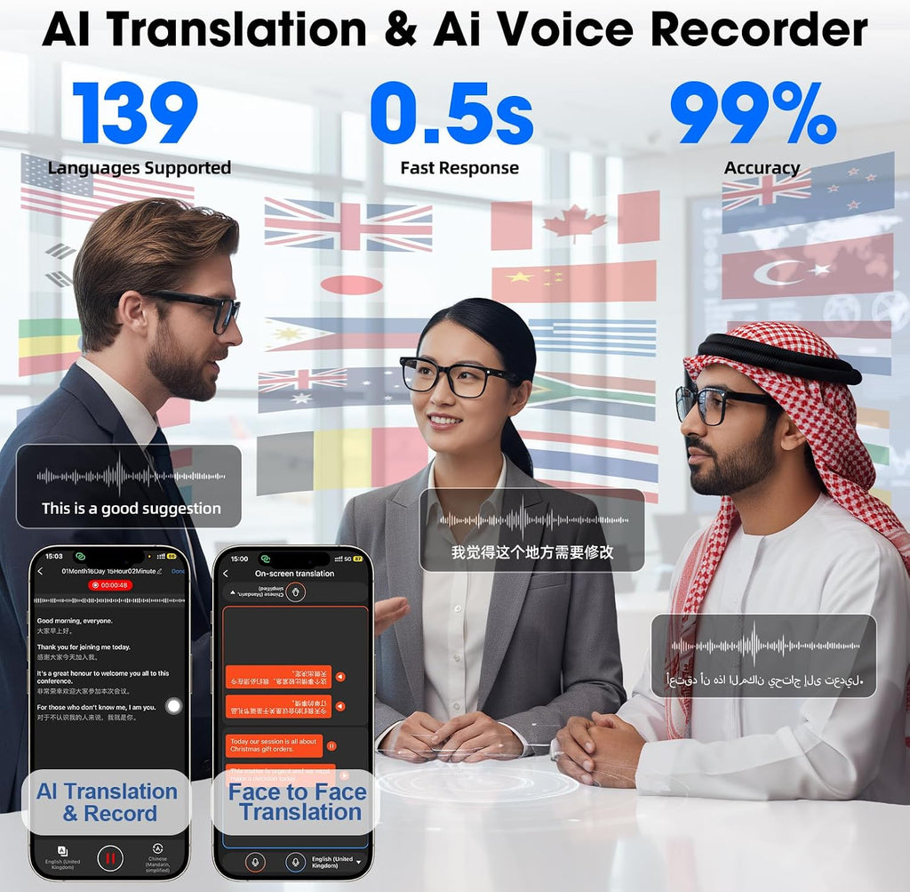 AI Smart Glasses with Camera, 8MP HD Video Recording Glasses, 1200P 30FPS EIS, Voice Assistant, Real-Time Translation, Open-Ear Bluetooth Audio, Clear & Photochromic Lenses, lente con camara