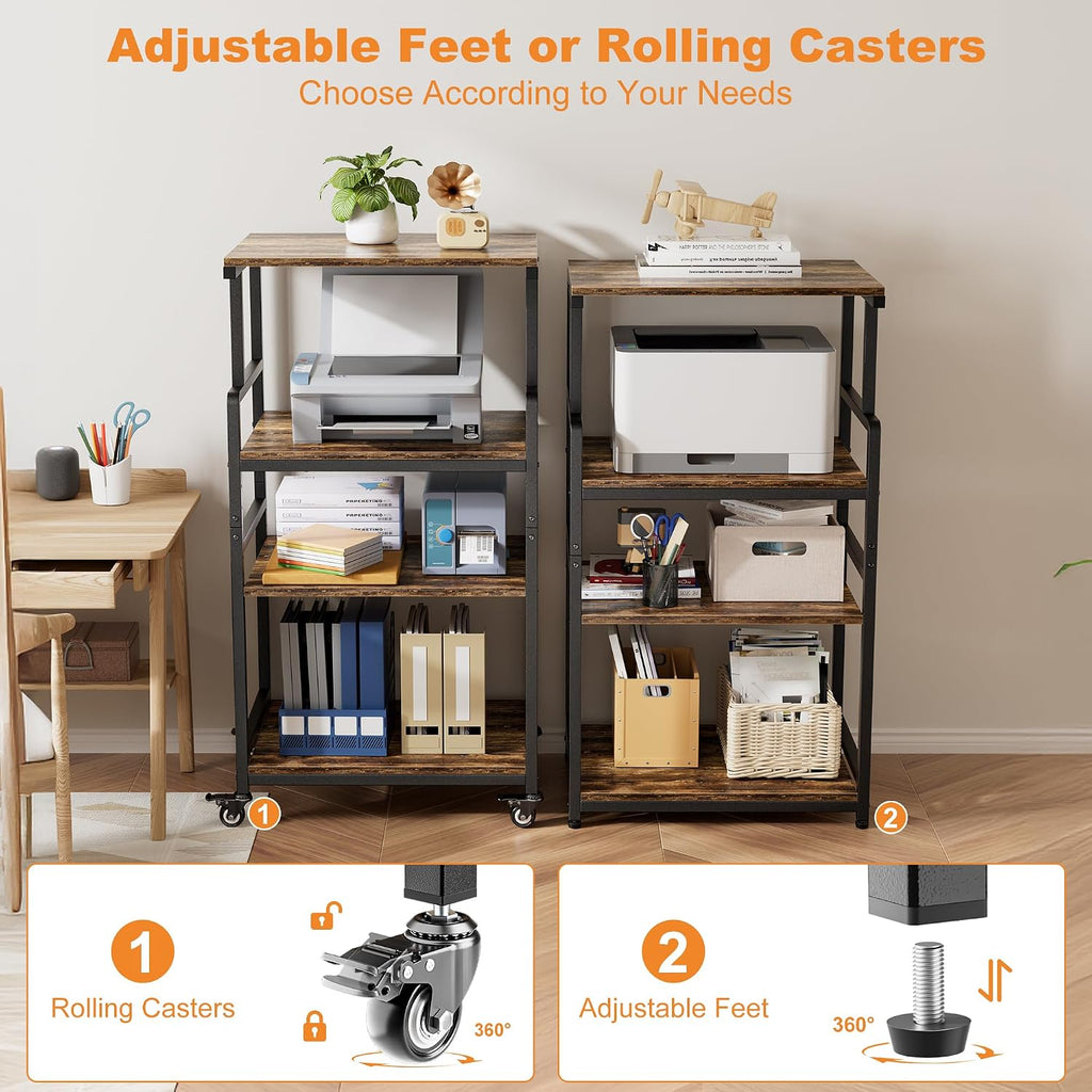 Aquzee 4-Tier Printer Stand, Large Printer Table with Wheels, Open Printers Table for Home Office, Rolling Printers Cart with Wheels, 5-Adjustable Heights, 27.5" W*19.7" D*49.3" H, Rustic Brown