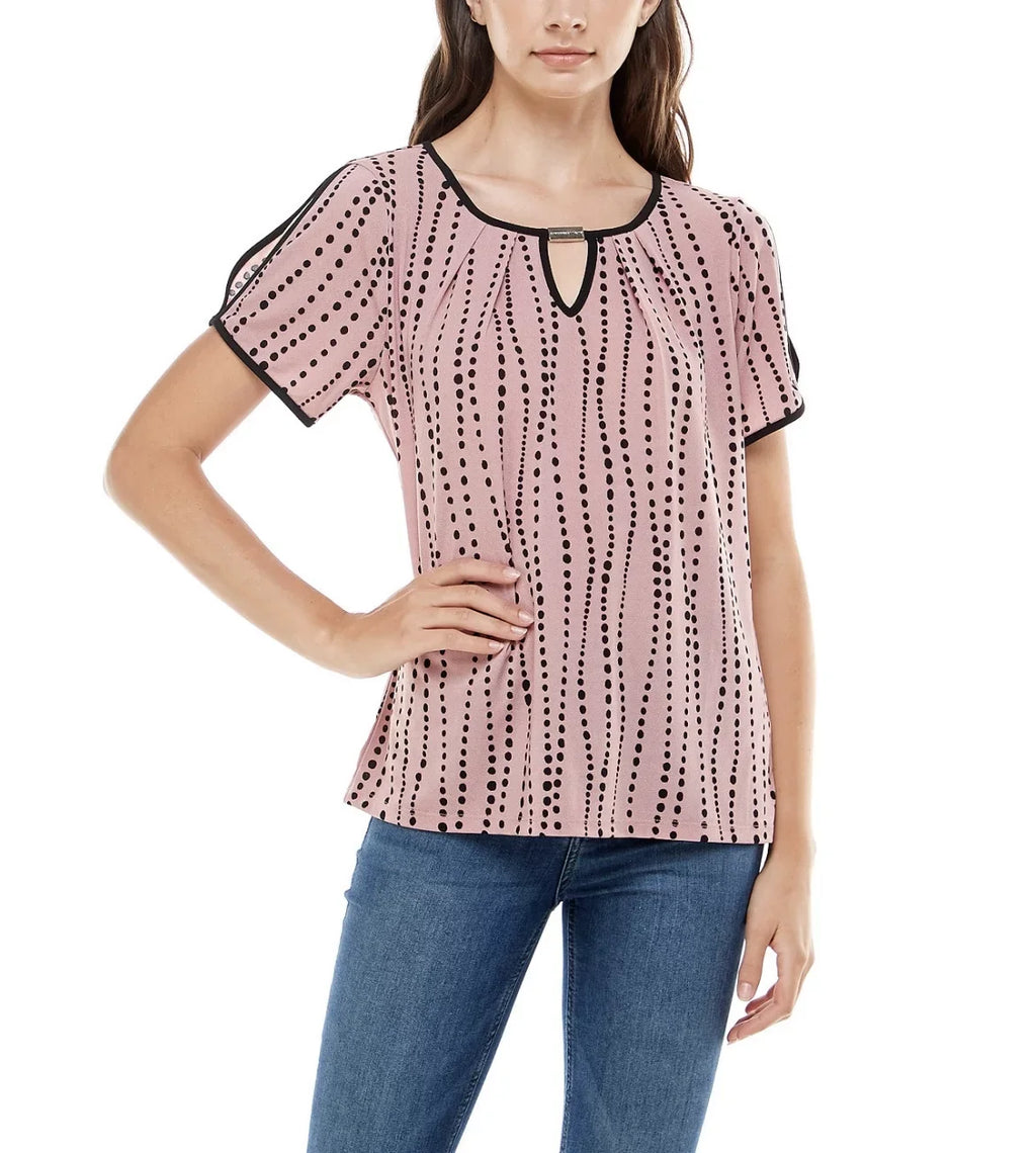 Adrienne Vittadini Women's Keyhole and Contrast Binding Split Sleeve Top Size XL