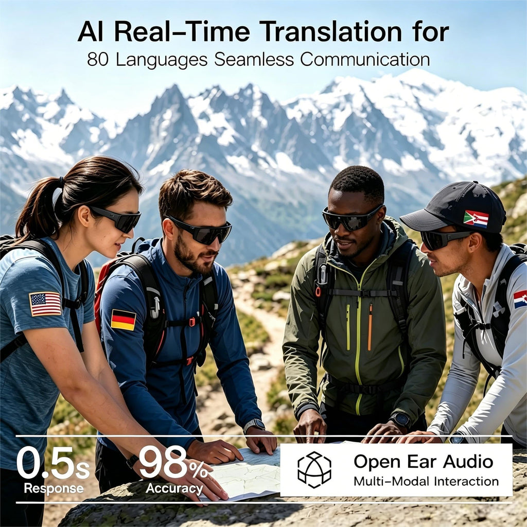 AI Smart Glasses, Voice Control Sports Sunglasses, EIS Anti-Shake, IP54 Waterproof, Real-Time Translation, Open Ear Audio Cycling Glasses for Outdoor Hiking Surfing Running