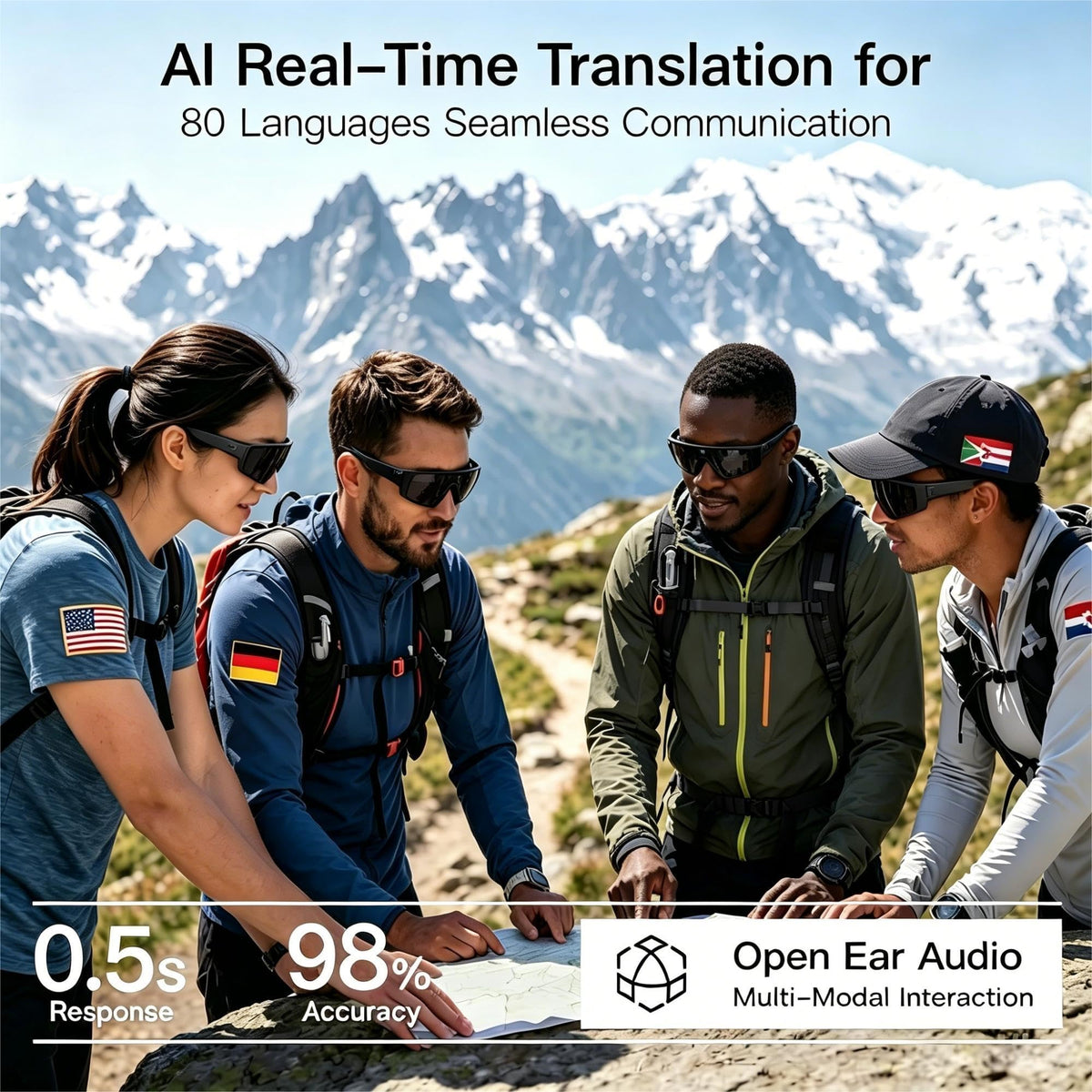 AI Smart Glasses, Voice Control Sports Sunglasses, EIS Anti-Shake, IP54 Waterproof, Real-Time Translation, Open Ear Audio Cycling Glasses for Outdoor Hiking Surfing Running
