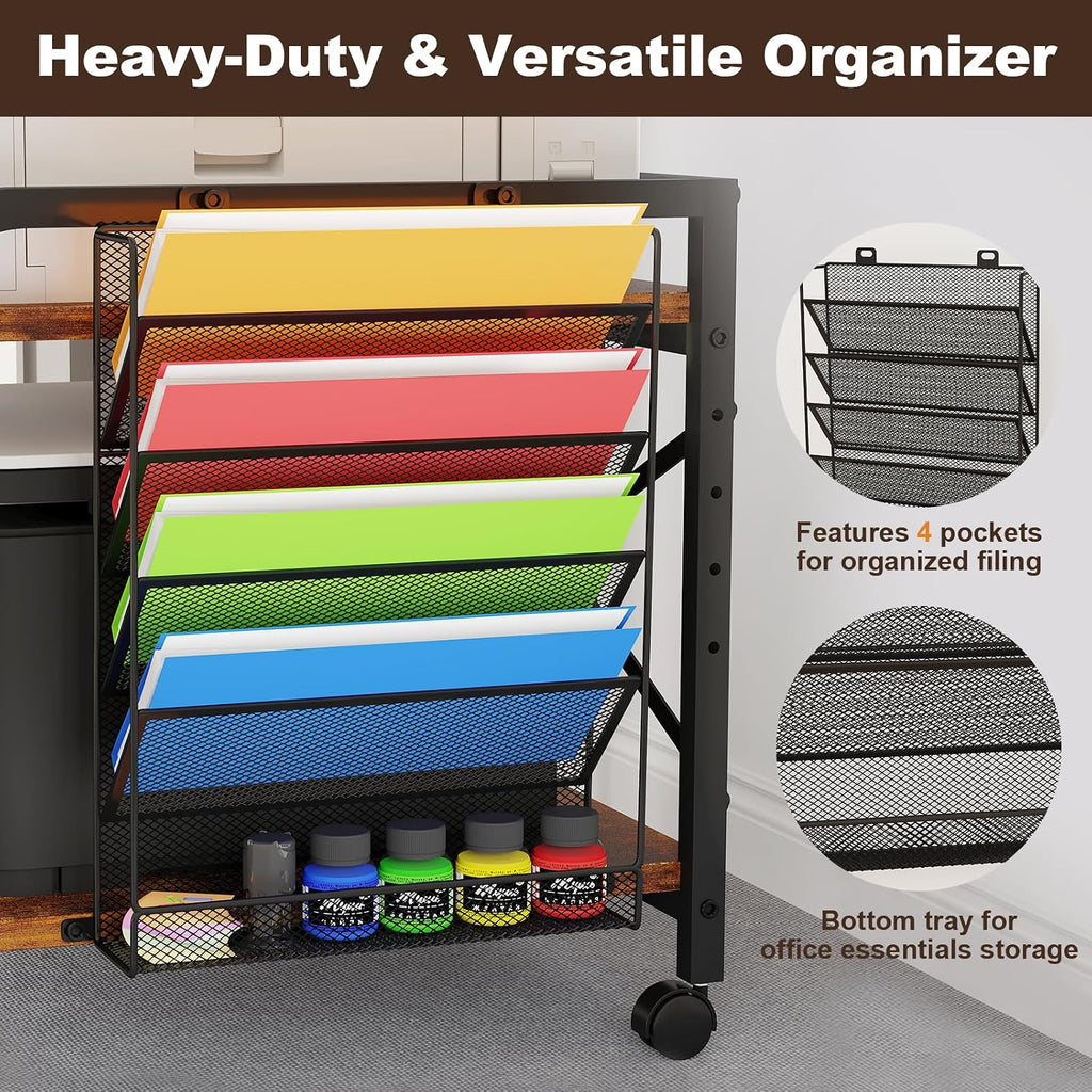 EasyCom 24"x20" Printer Stand with Storage, File Holder & Wheels, Brown