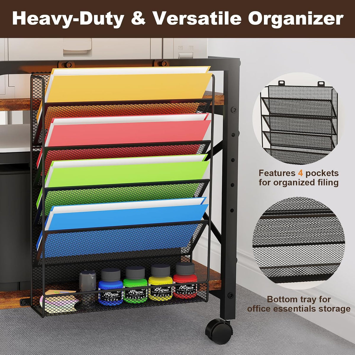 EasyCom 24"x20" Printer Stand with Storage, File Holder & Wheels, Brown