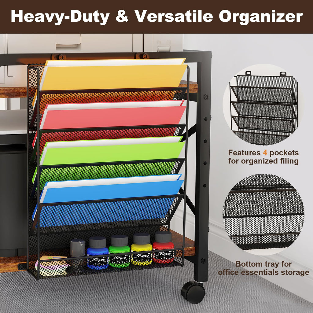 EasyCom 24"x20" Printer Stand with Storage, File Holder & Wheels, Brown