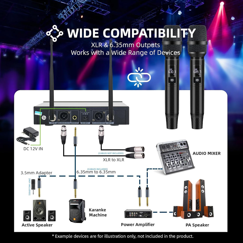 Professional Wireless Microphone System, 500ft Long Range 2.4G Cordless Mic Set with 40H Playtime, Dynamic Microphones Memory Function for Karaoke Singing, DJ, Church, Party, Wedding