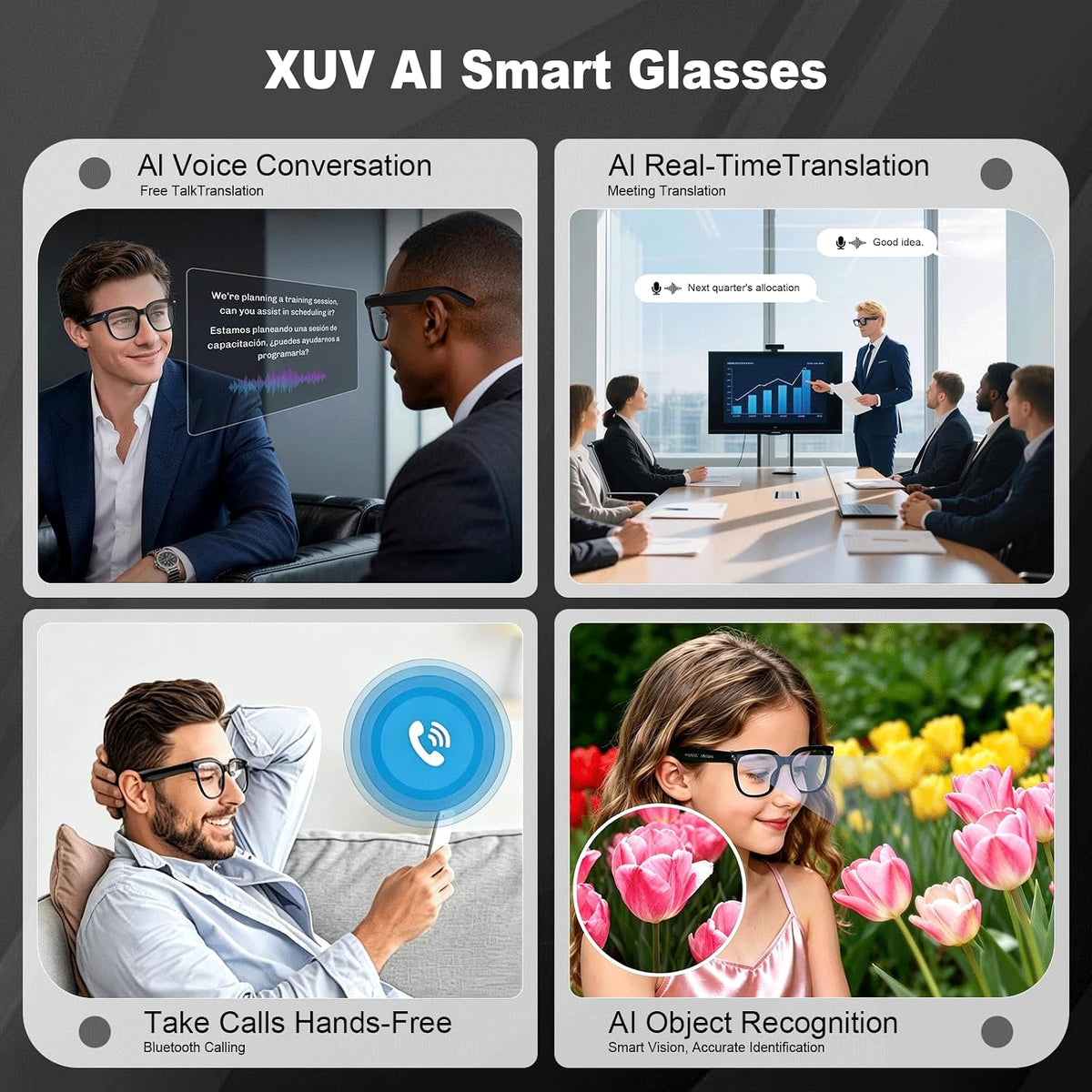 XUV Smart Glasses with Camera, 800W Anti-Shake Camera Glasses & 1080P Video Recording Dual Mic, AI Real-time Translation with 145 languages, 7H Music for Travel, Sports, Outdoor & Hands-Free Daily Use