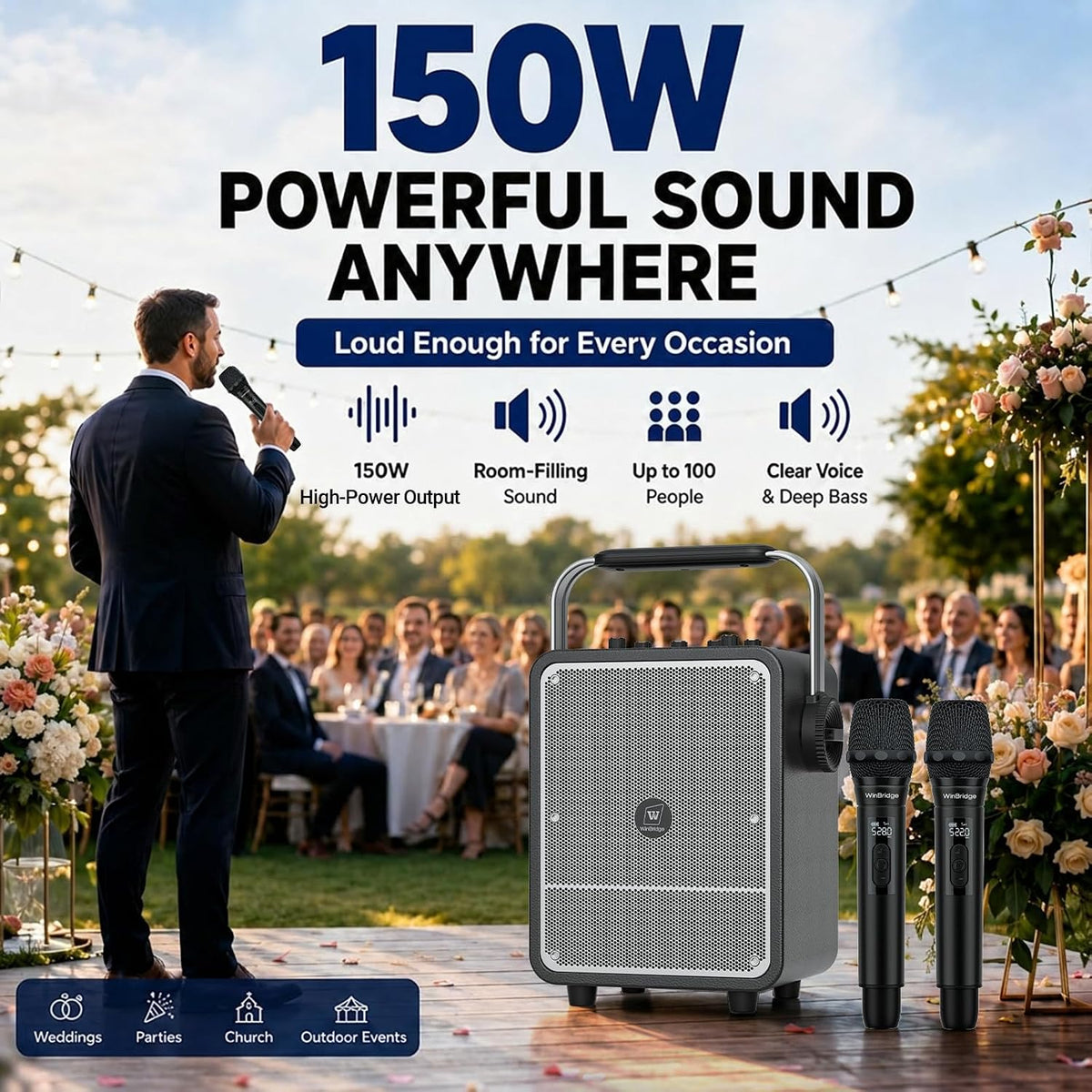 150W High-Power Karaoke Machine with 2 Wireless Microphones for Adults S200