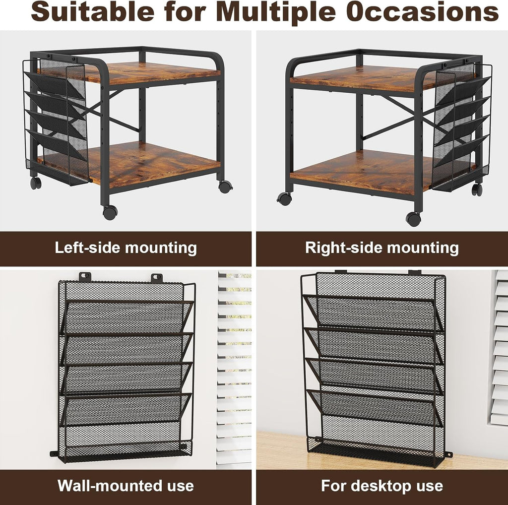 EasyCom 24"x20" Printer Stand with Storage, File Holder & Wheels, Brown