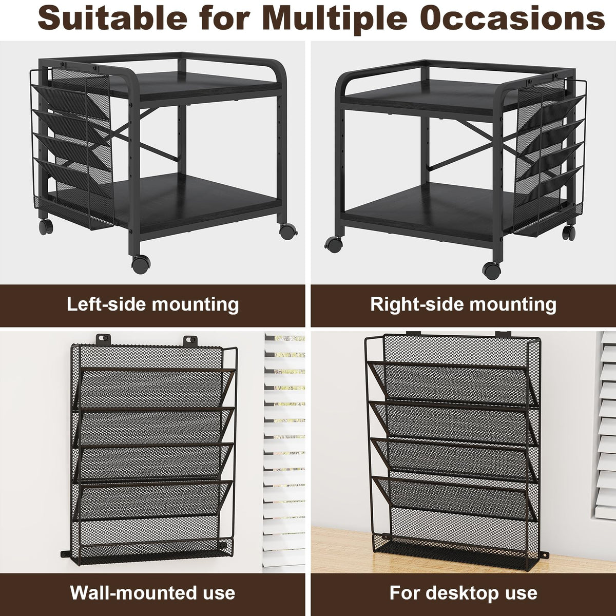 EasyCom 24"x20" Printer Stand with Storage, File Holder & Wheels, Brown