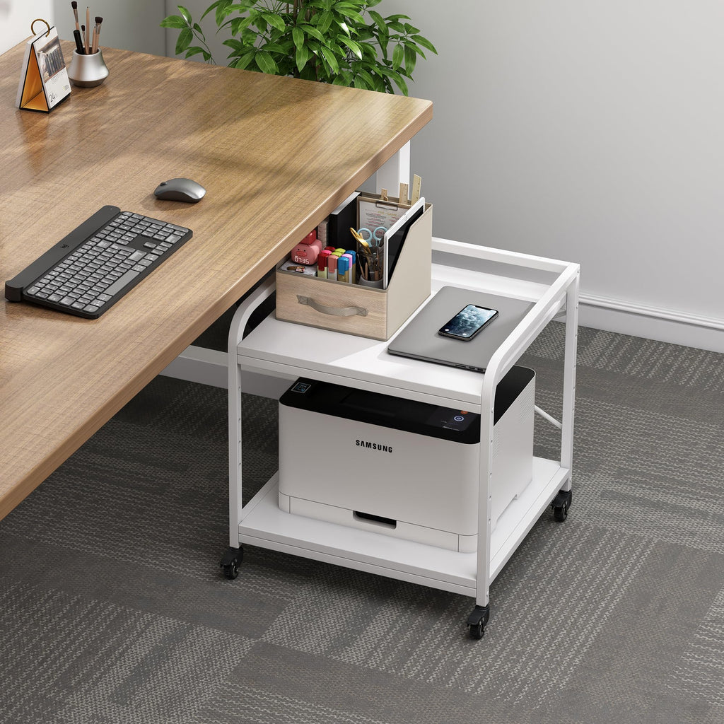 Fannova 2 Tier Under Desk Printer Stand with Storage, 20 Inches Deep Large Printer Table with Height Adjustable Shelf, Rolling Printer Cart with Wheels for Home Office - Black