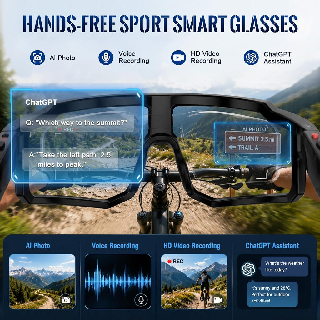 Sport Smart Glasses with Camera, 4K POV Glasses with Photochromic Lens, 6560Ã4928PX Anti-Shake Camera, AI Voice Assistant, 139 Real-Time Translation, IP65 UV400 Sport Sunglasses for Outdoor Sports