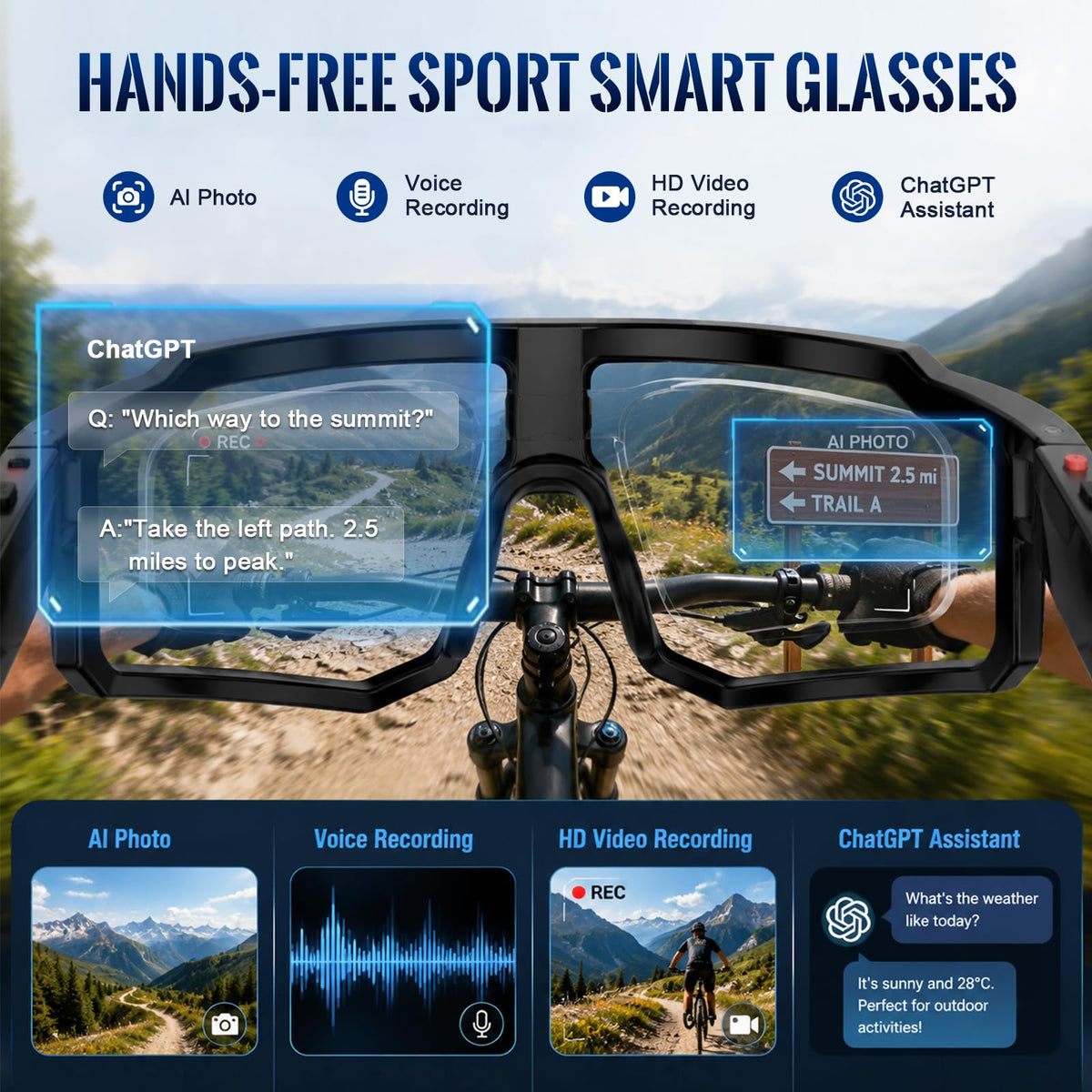 Sport Smart Glasses with Camera, 4K POV Glasses with Photochromic Lens, 6560Ã4928PX Anti-Shake Camera, AI Voice Assistant, 139 Real-Time Translation, IP65 UV400 Sport Sunglasses for Outdoor Sports