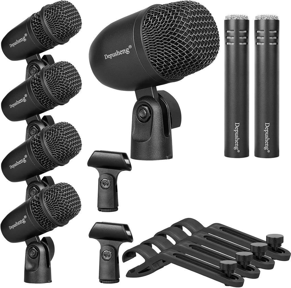 Depusheng 7-Piece Drum Microphone Set with 5 Dynamic Percussion Microphones and 2 Condenser Percussion Microphones Ideal for Instrument Recording and Music Production