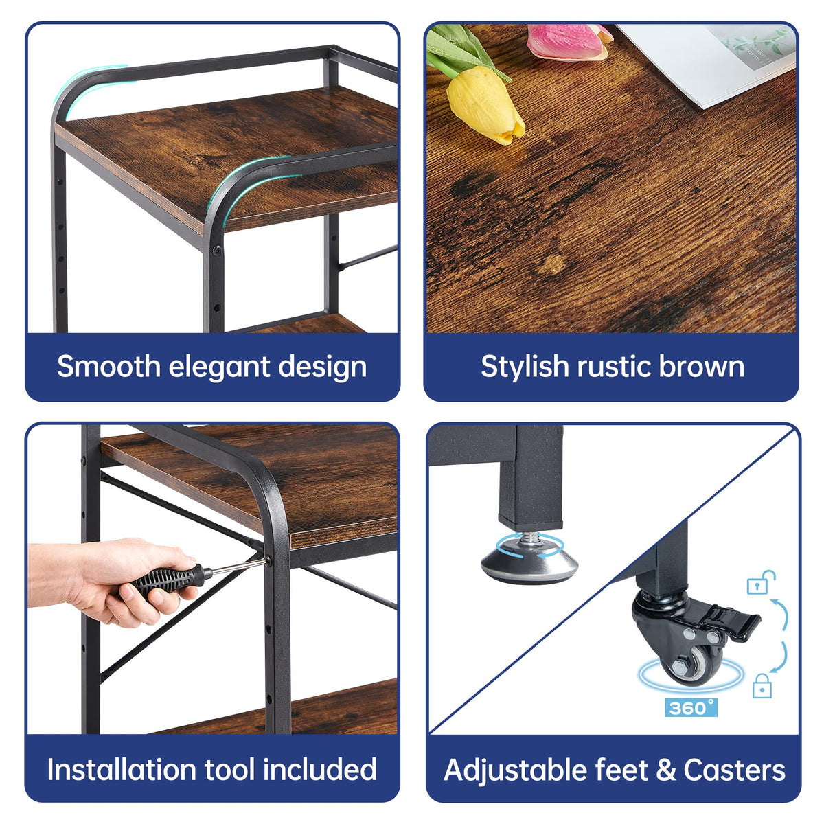 Fannova 2 Tier Under Desk Printer Stand with Storage, 20 Inches Deep Large Printer Table with Height Adjustable Shelf, Rolling Printer Cart with Wheels for Home Office - Black