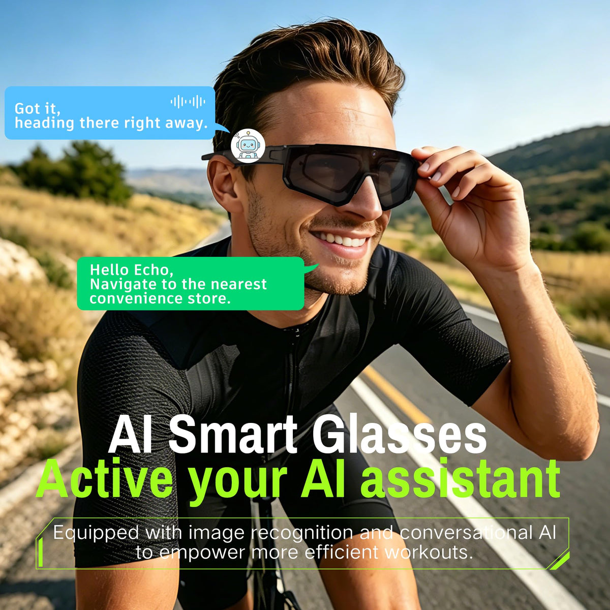 AI Smart Glasses, Voice Control Sports Sunglasses, EIS Anti-Shake, IP54 Waterproof, Real-Time Translation, Open Ear Audio Cycling Glasses for Outdoor Hiking Surfing Running