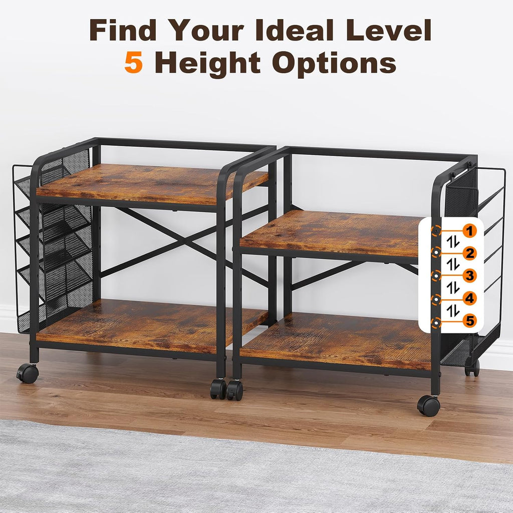 EasyCom 24"x20" Printer Stand with Storage, File Holder & Wheels, Brown