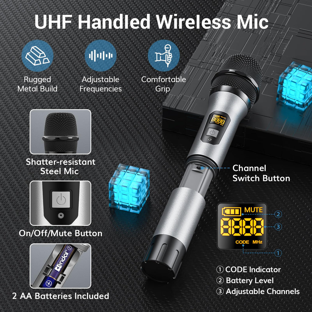 TONOR Wireless Microphones System, 2 * 15 Channel Dynamic Mics Silver*2