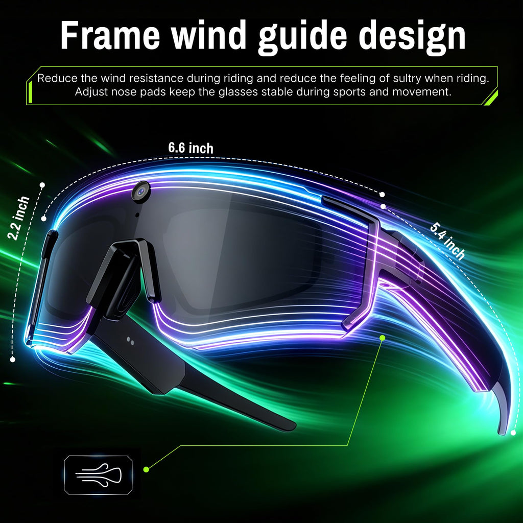 AI Smart Glasses, Voice Control Sports Sunglasses, EIS Anti-Shake, IP54 Waterproof, Real-Time Translation, Open Ear Audio Cycling Glasses for Outdoor Hiking Surfing Running