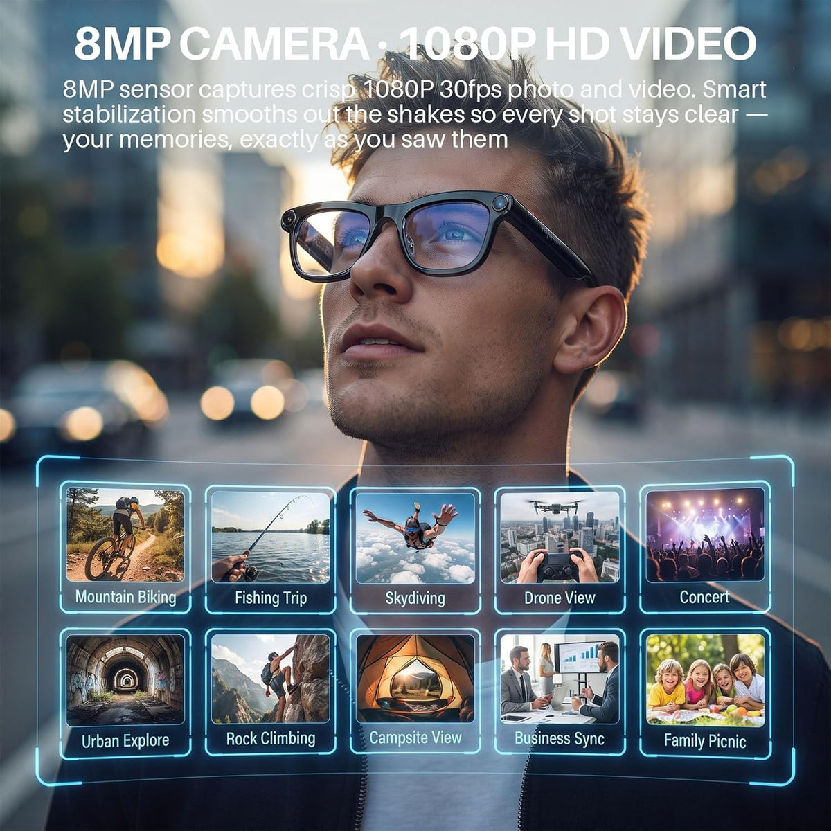 AI Smart Glasses with Camera & Voice Assistant,8MP 1080P HD Video