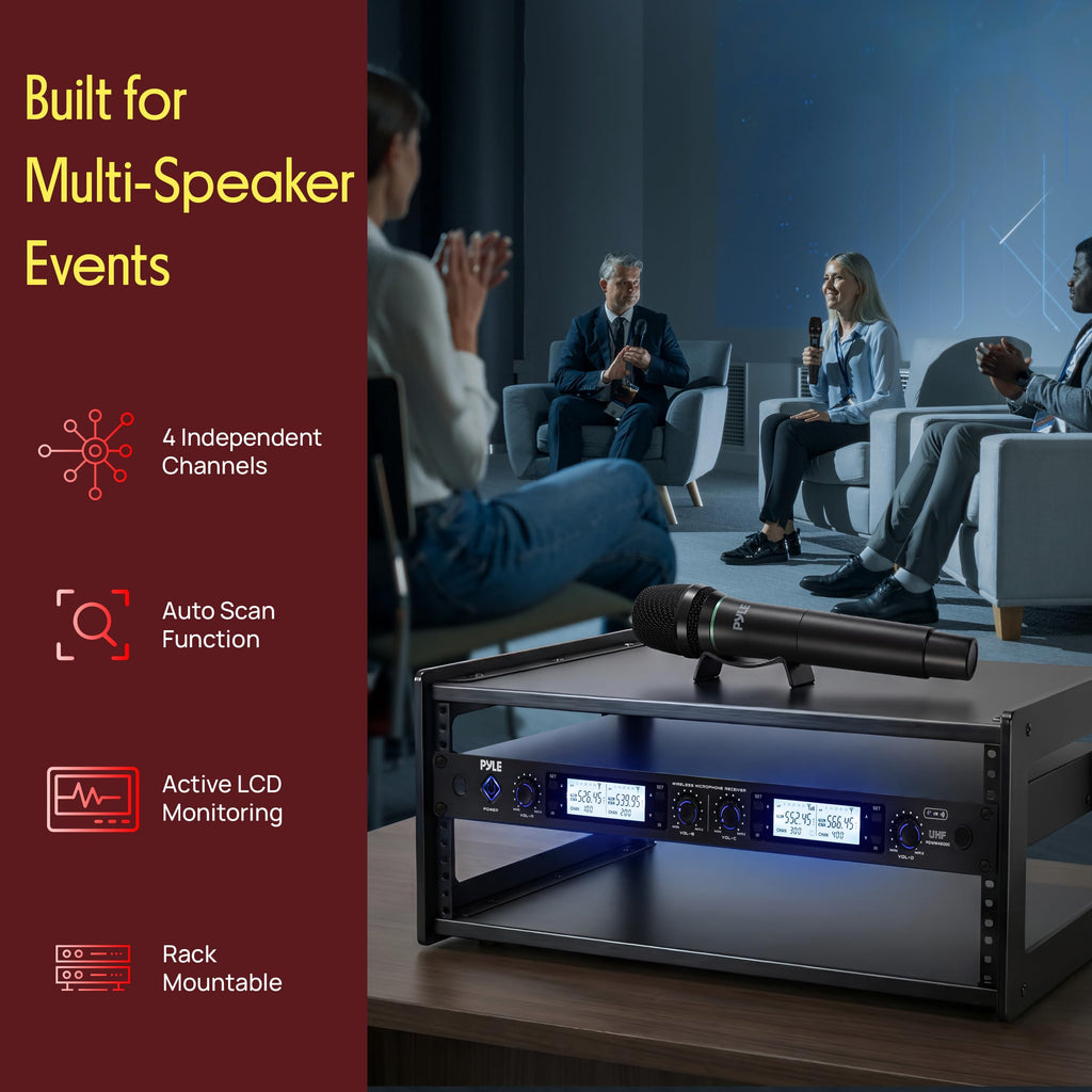 Pyle 4 Channel UHF Wireless Microphone System with 2 Handheld Mics, 2 Lavalier 2 Headsets & Beltpack Transmitters, 300ft Range, Rack Mount Receiver for Church, Meetings, DJ & PA Systems