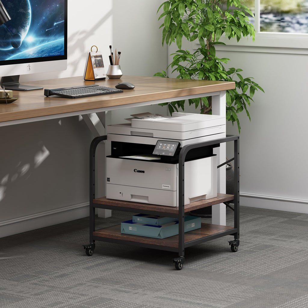 Fannova 2 Tier Under Desk Printer Stand with Storage, 20 Inches Deep Large Printer Table with Height Adjustable Shelf, Rolling Printer Cart with Wheels for Home Office - Black
