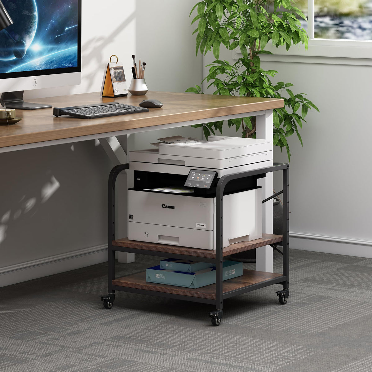 Fannova 2 Tier Under Desk Printer Stand with Storage, 20 Inches Deep Large Printer Table with Height Adjustable Shelf, Rolling Printer Cart with Wheels for Home Office - Black