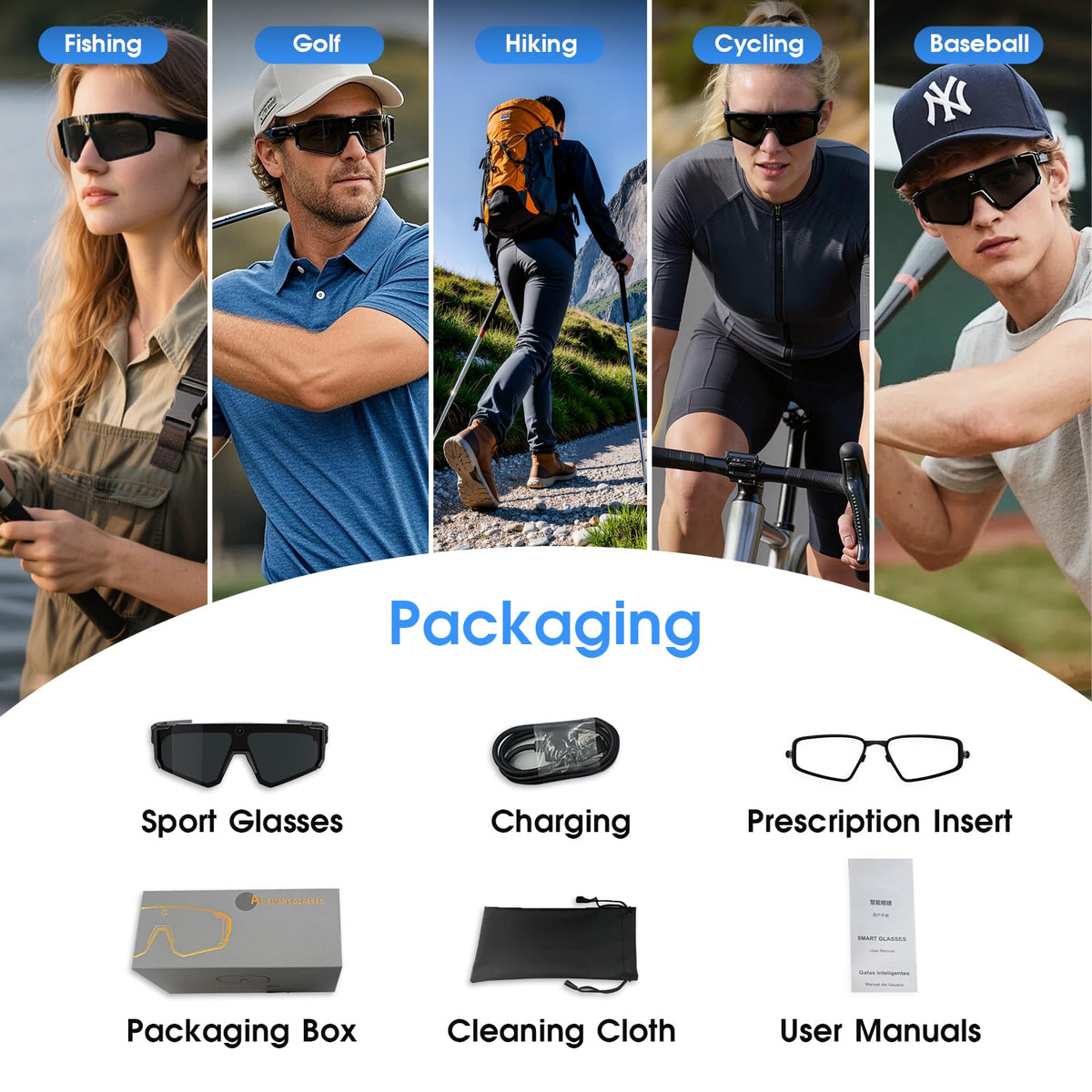 AI Smart Glasses with Camera for Cycling & Outdoor Sports - Blue