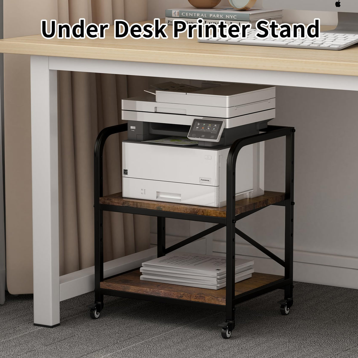 20 Inches Large White Printer Stand, 2-Tier Under Desk Printer Table with Height Adjustable Shelf, Rolling Printer Cart with Industrial Wheels for Home Office (White)