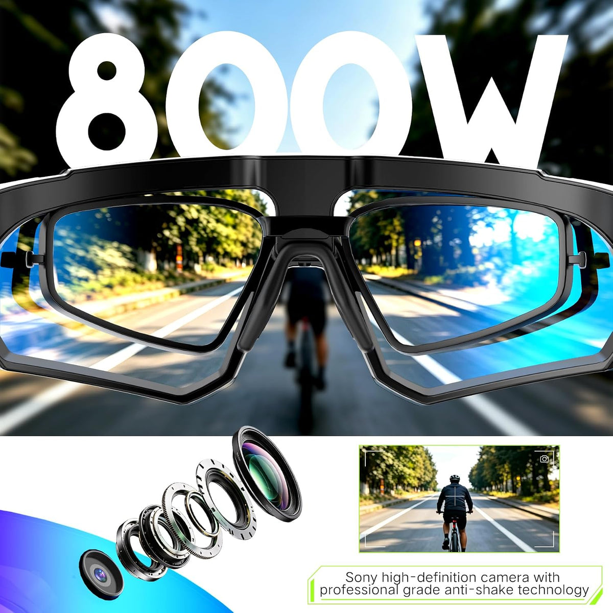 AI Smart Glasses, Voice Control Sports Sunglasses, EIS Anti-Shake, IP54 Waterproof, Real-Time Translation, Open Ear Audio Cycling Glasses for Outdoor Hiking Surfing Running