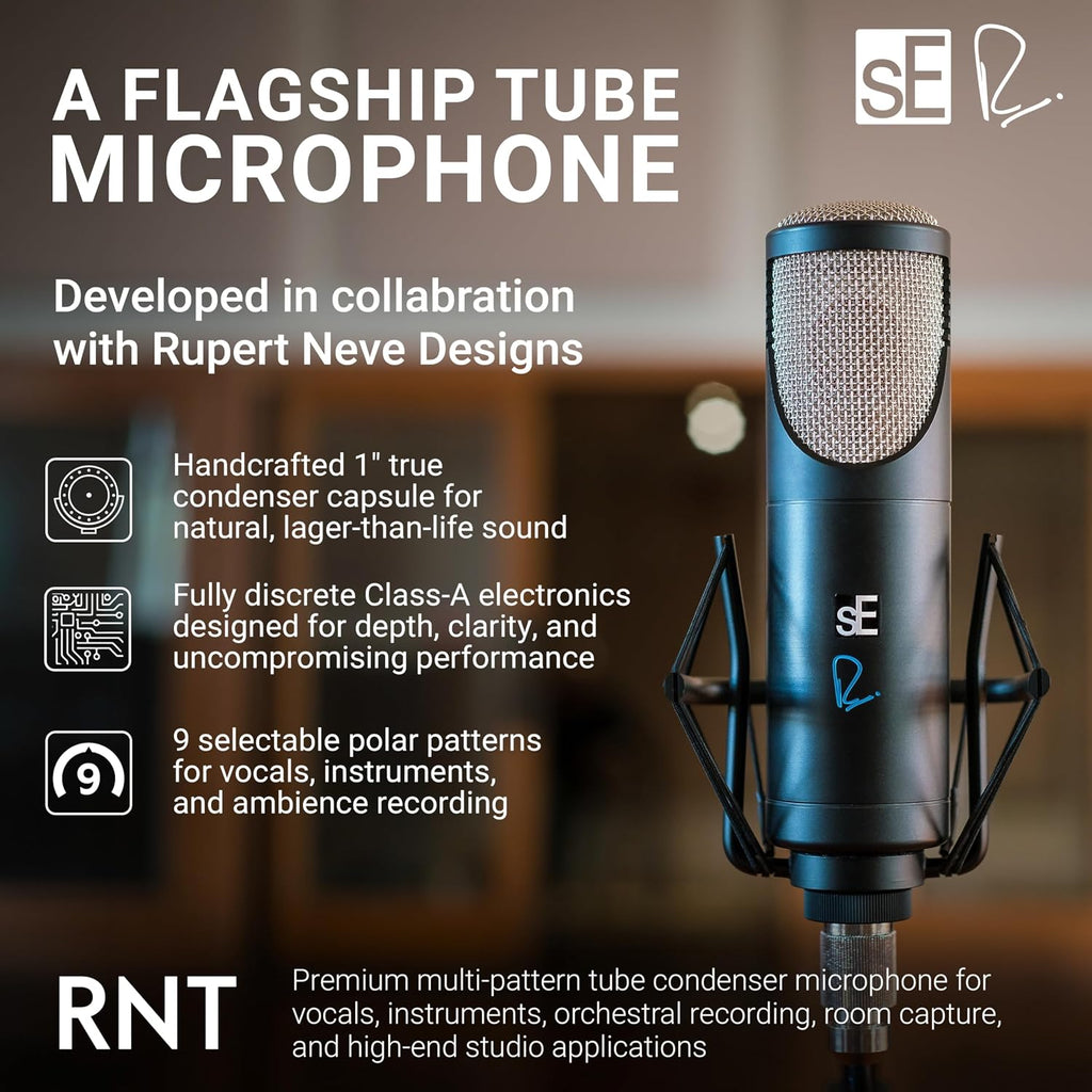 SE ELECTRONICS Rupert Neve RNT Multi-Pattern Tube Condenser Microphone for Vocals & Instruments - Professional Studio Recording Microphone with Custom Output Transformers & 1" True Condenser Capsule