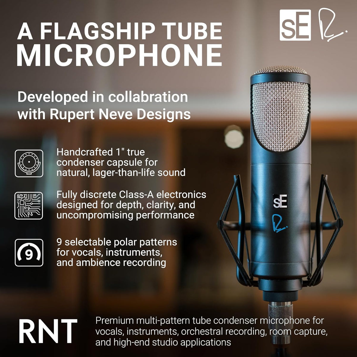 SE ELECTRONICS Rupert Neve RNT Multi-Pattern Tube Condenser Microphone for Vocals & Instruments - Professional Studio Recording Microphone with Custom Output Transformers & 1" True Condenser Capsule