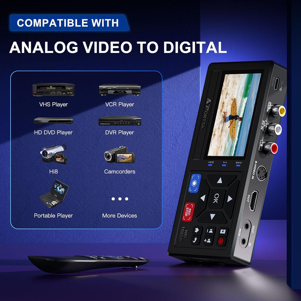 Portta VHS to Digital Converter with 128GB USB3.0 Flash Drive, Video to Digital Recorder, Compatible with VHS, VCR, DVR, DVD, Hi8, Mini DV, Gaming Consoles (VCR, VHS/DVD Player, Camcorder Required)