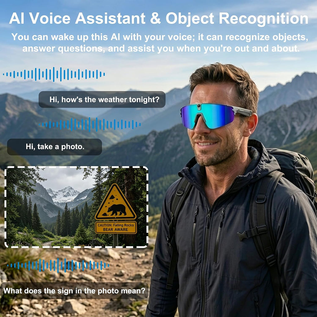 AI Smart Glasses with Camera,4K Video Recording Glasses, AI Voice Assistant,Real-Time Translation,Object Recognition,Bluetooth Sports Sunglasses,IP66 Waterproof for Cycling,Running & Hiking (Blue)