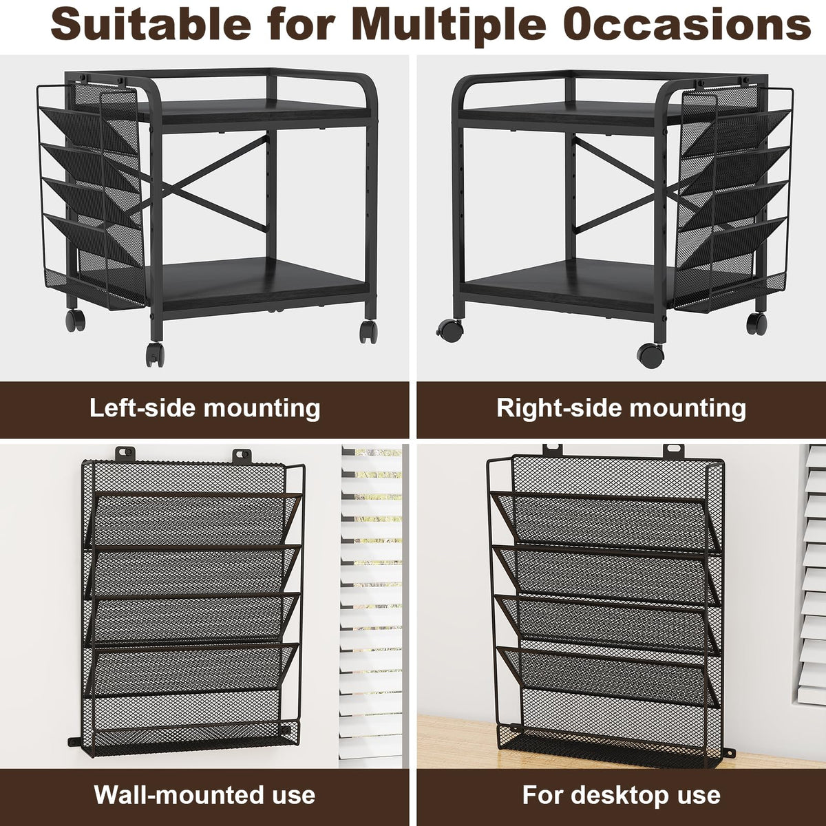 EasyCom 24"x20" Printer Stand with Storage, File Holder & Wheels, Brown