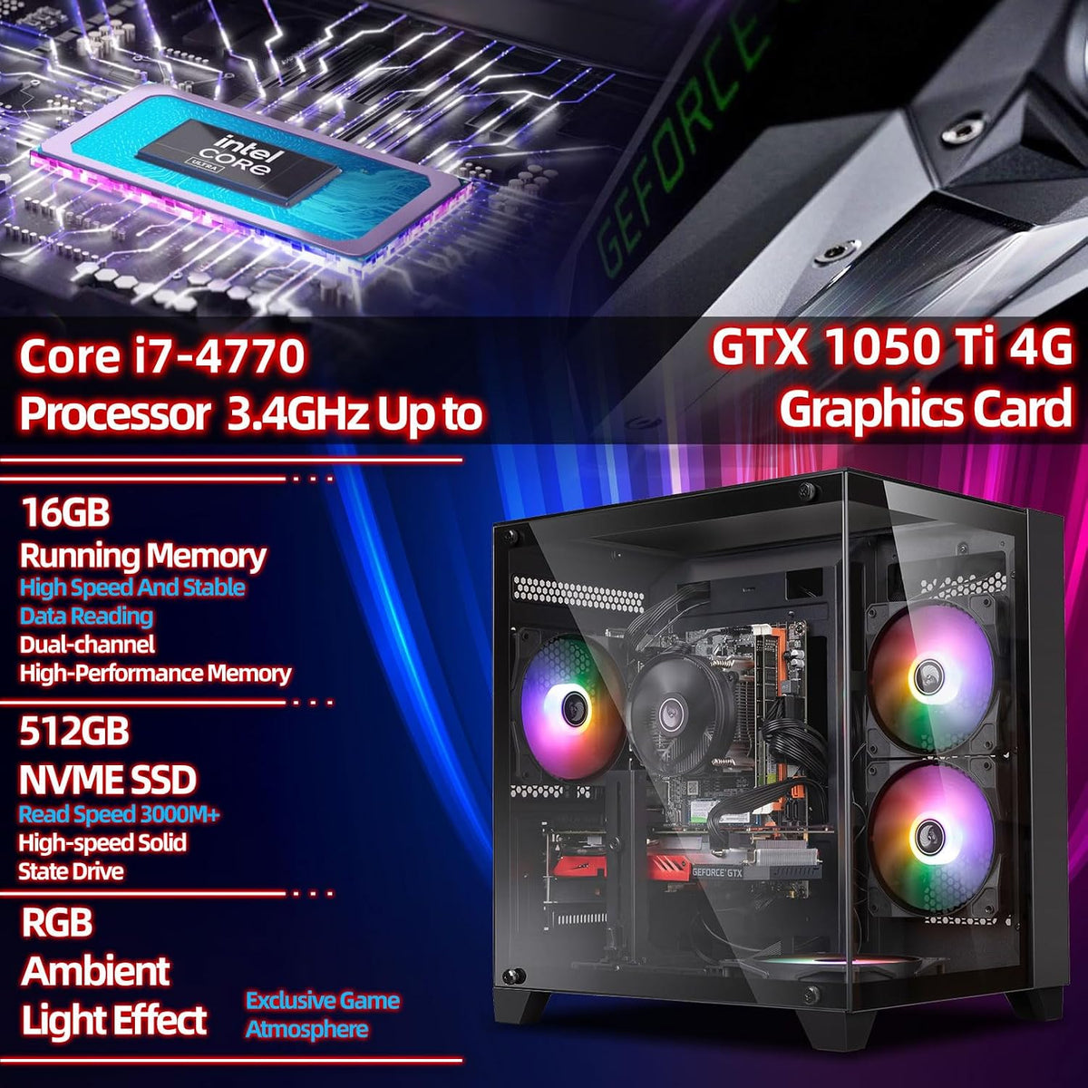 Gaming PC Desktop Computer, Intel Core I7, GTX 1050 Ti 4GB,16G RAM,512G SSD